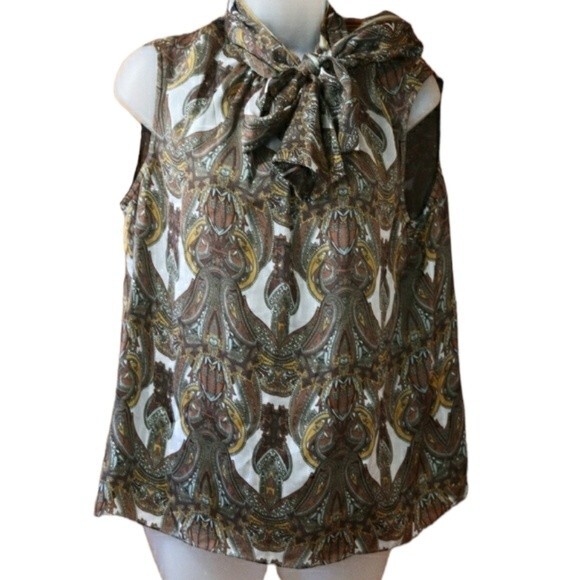 Magaschoni Heritage Paisley Silk Pussycat Bow Top Size 14 Brown Print Elegant - Picture 1 of 16
